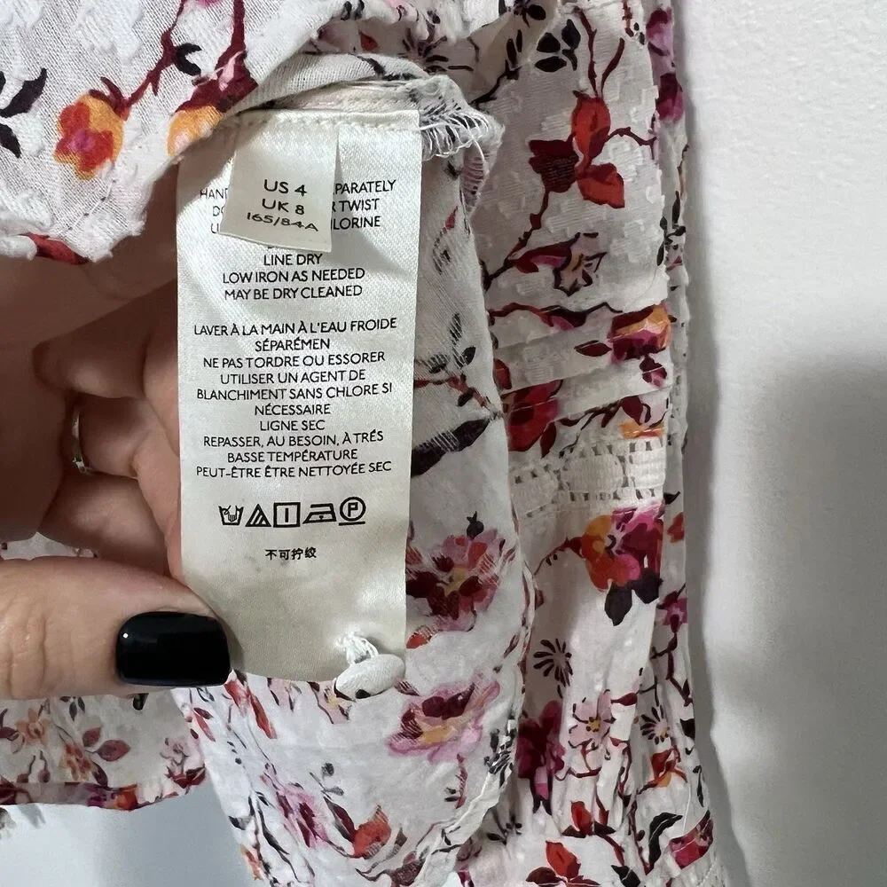 Anthropologie Puff Sleeve Floral Lace Trim Buttondown Blouse Top Size 4 Cottage